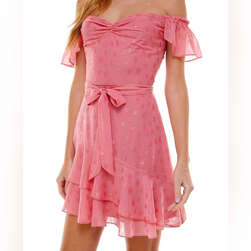 Womens Pink off the shoulder Ruffle Ruched Layered bow Polka Dot flutter dress